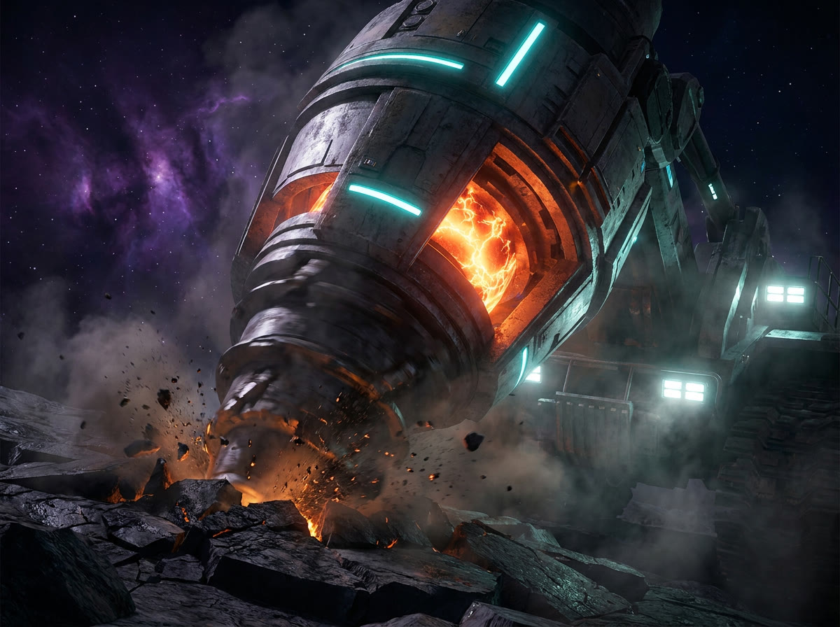 A mining machine drilling a cracked planet surface, plasma veins glowing